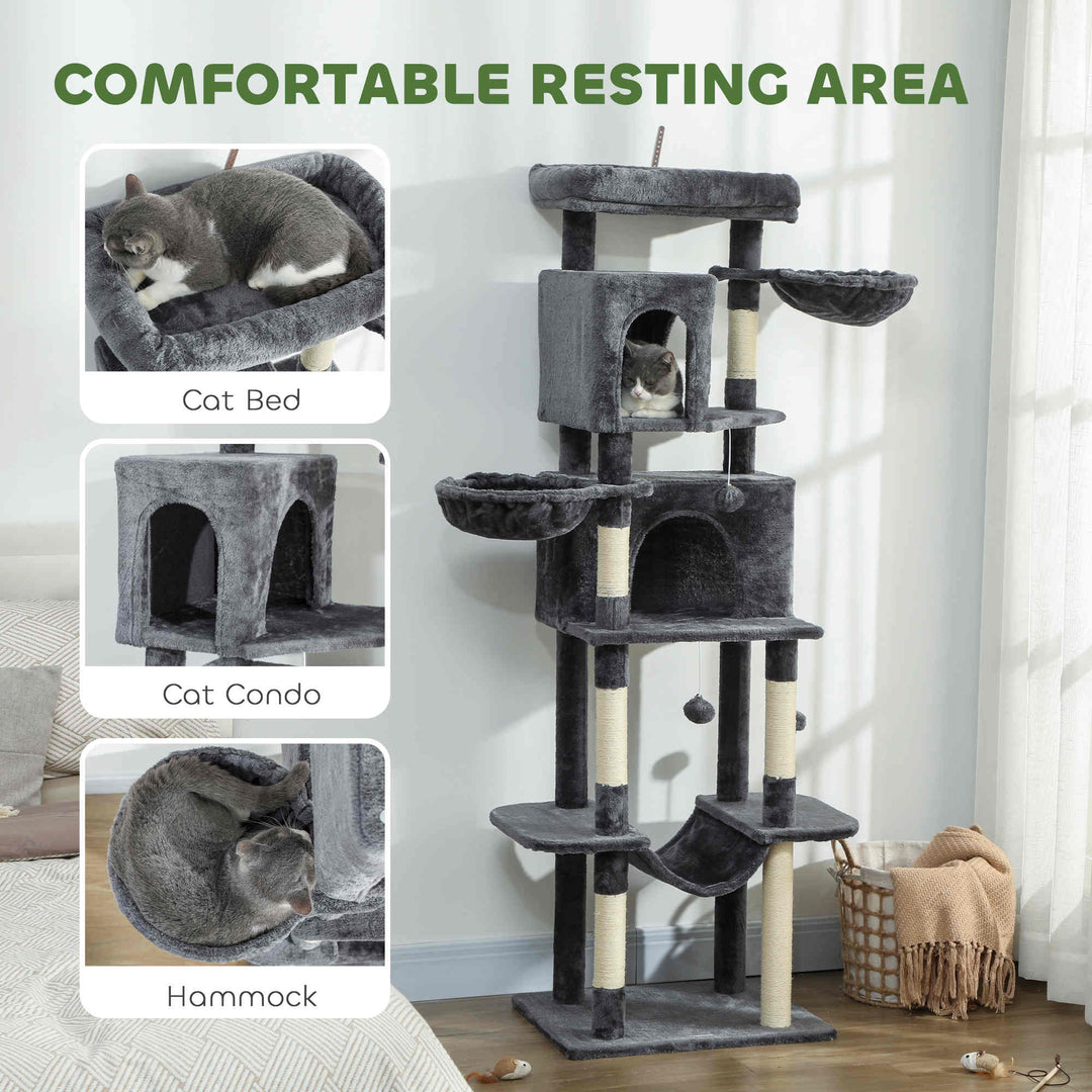 PawHut 69" Cat Tree, Multi-Level Cat Tower with 2 Condos, Plush Perch and Sisal Scratching Posts, Dark Grey