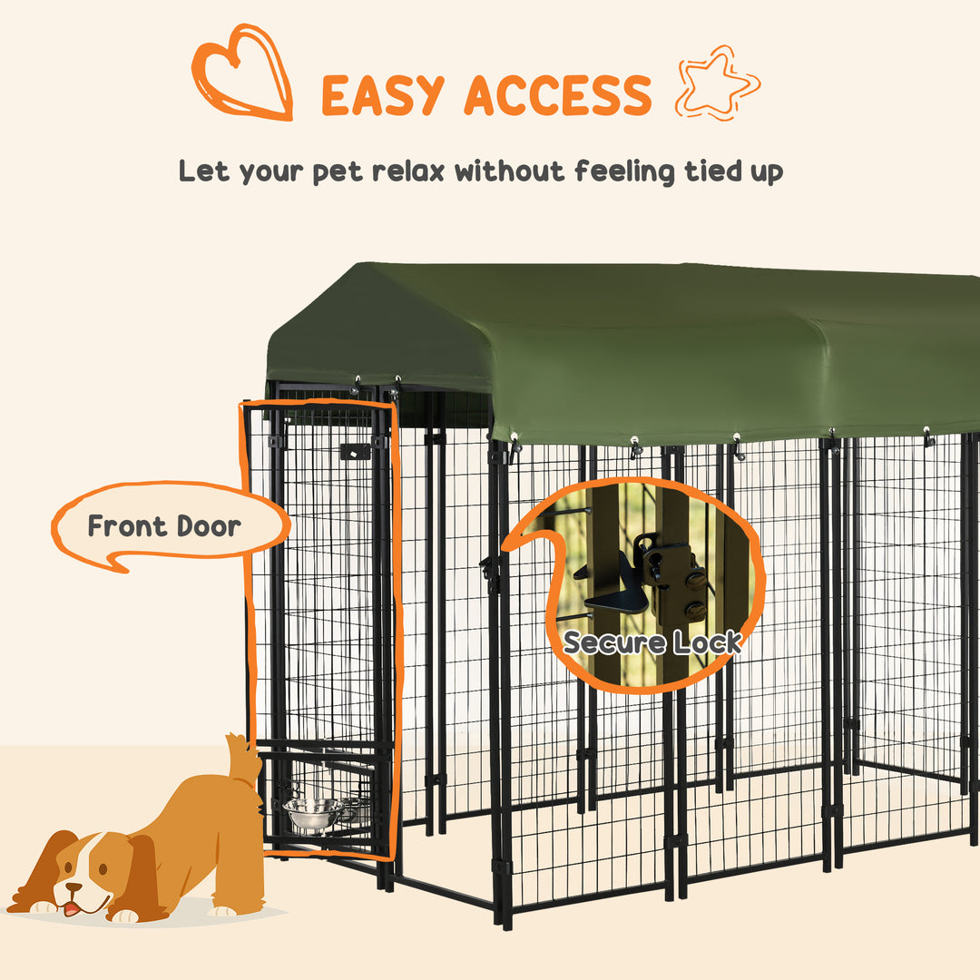 PawHut Outdoor Dog Kennel, Lockable Pet Playpen Crate, Welded Wire Steel Fence, Rotating Bowl Holders, Green
