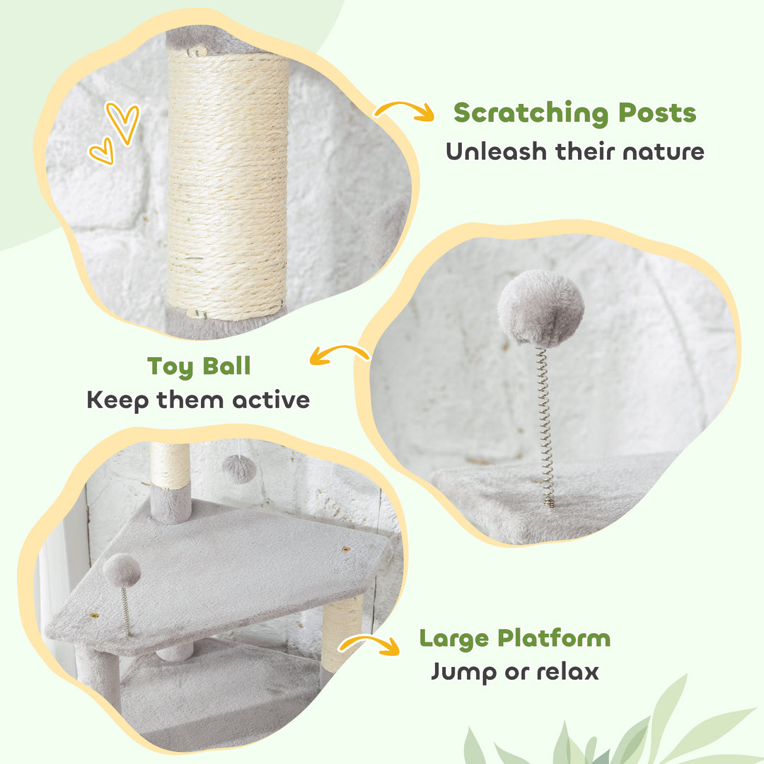 PawHut 54 Inch Cat Tree with Large Condo, Top Perch, Sisal Scratching Posts, Dangling Toy Ball,Light Grey