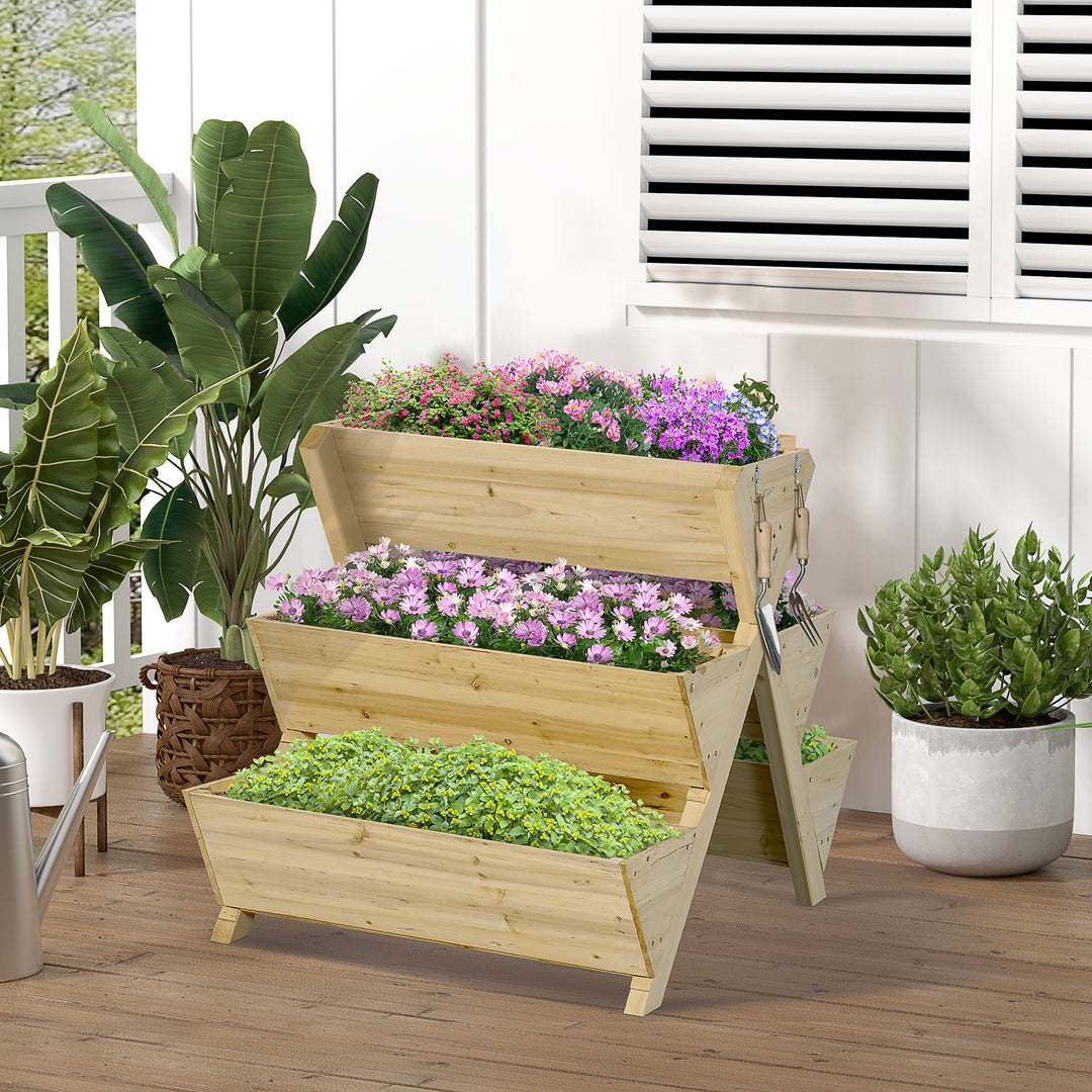Outsunny Raised Garden Bed Wood, Freestanding Planter Stand with 5 Planting Boxes and 4 Hooks, Good for Herbs, Flowers, or Vegetables in Patio Balcony Indoor Outdoor