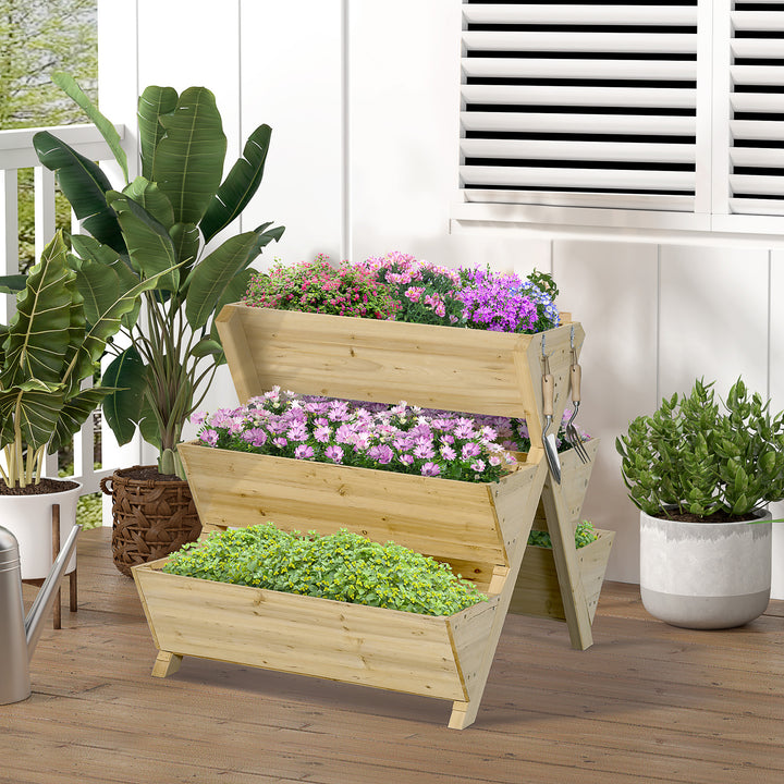 Outsunny Raised Garden Bed Wood, Freestanding Planter Stand with 5 Planting Boxes and 4 Hooks, Good for Herbs, Flowers, or Vegetables in Patio Balcony Indoor Outdoor