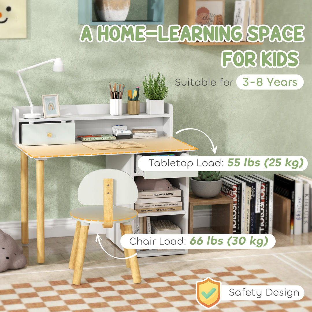 Qaba Kids Study Table and Chair Set, Kids Desk and Chair Set w/ Storage and Shelves, for 3-8 Year Old, Green