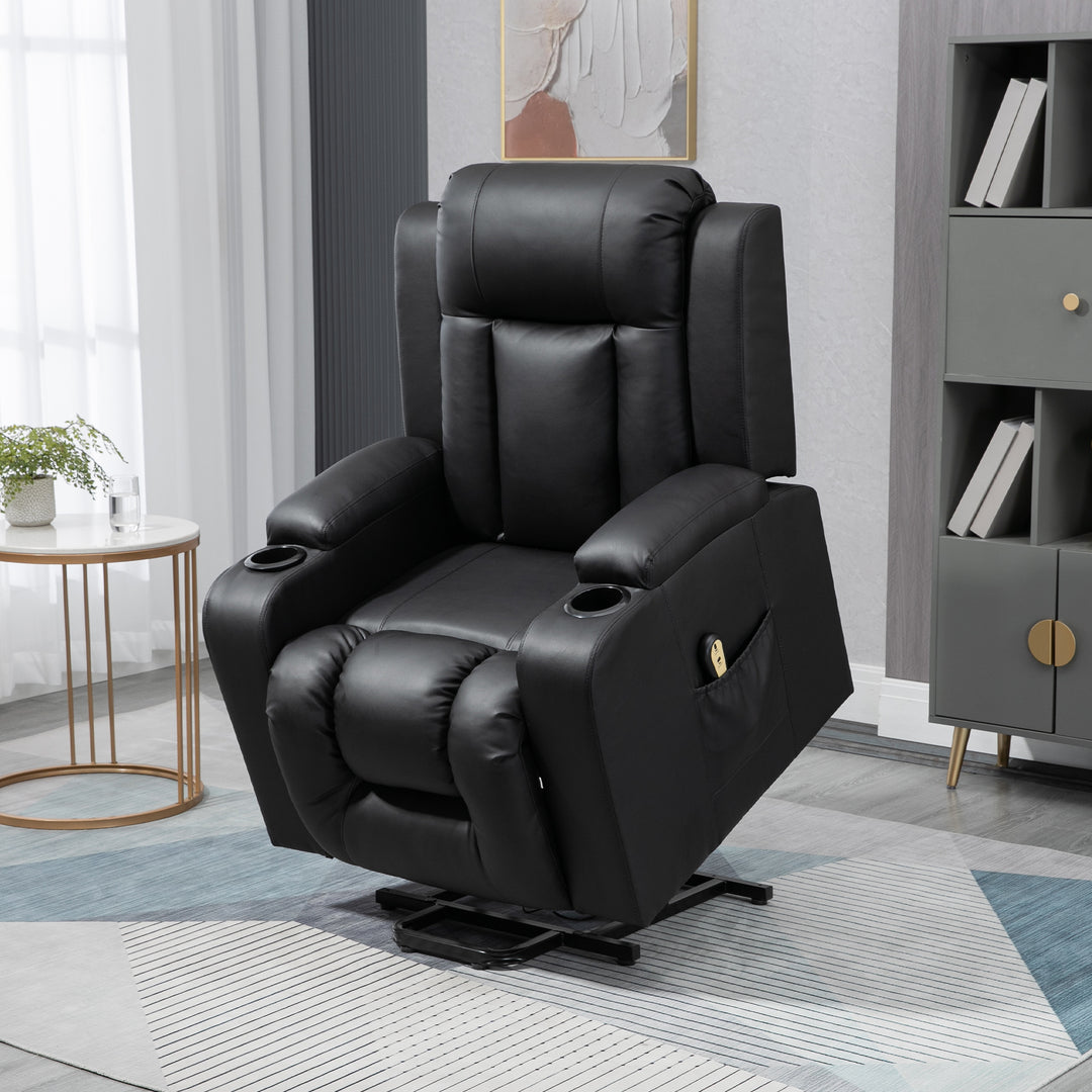 HOMCOM Electric Power Lift Chair, PU Leather Recliner Sofa with Footrest, Remote Control and Cup Holders, Brown