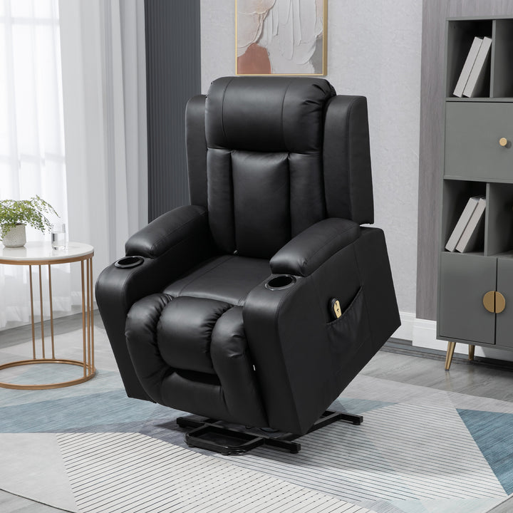 HOMCOM Electric Power Lift Chair, PU Leather Recliner Sofa with Footrest, Remote Control and Cup Holders, Brown