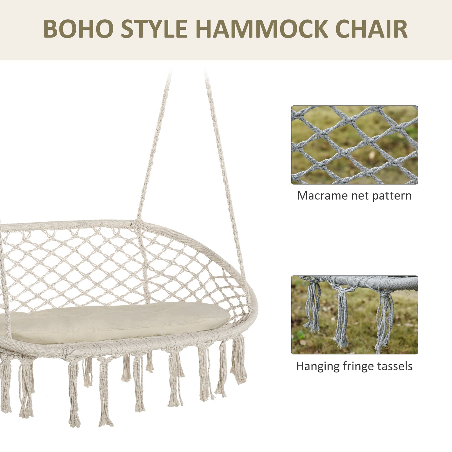 Outsunny Patio Hammock Chair 2 Seat, Hanging Rope Hammock Swing Chair with Metal Frame and Cushion, Large Macrame Seat for Indoor and Outdoor 396 lbs Capacity, Dark Grey