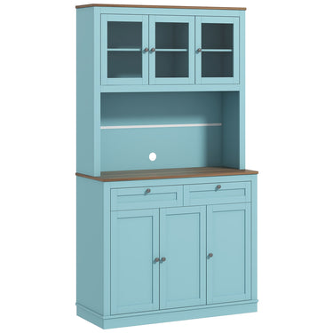HOMCOM 71" Pantry Cabinet with Microwave Space, Buffet with Hutch, 2 Drawers, Adjustable Shelves and Glass Doors, Blue