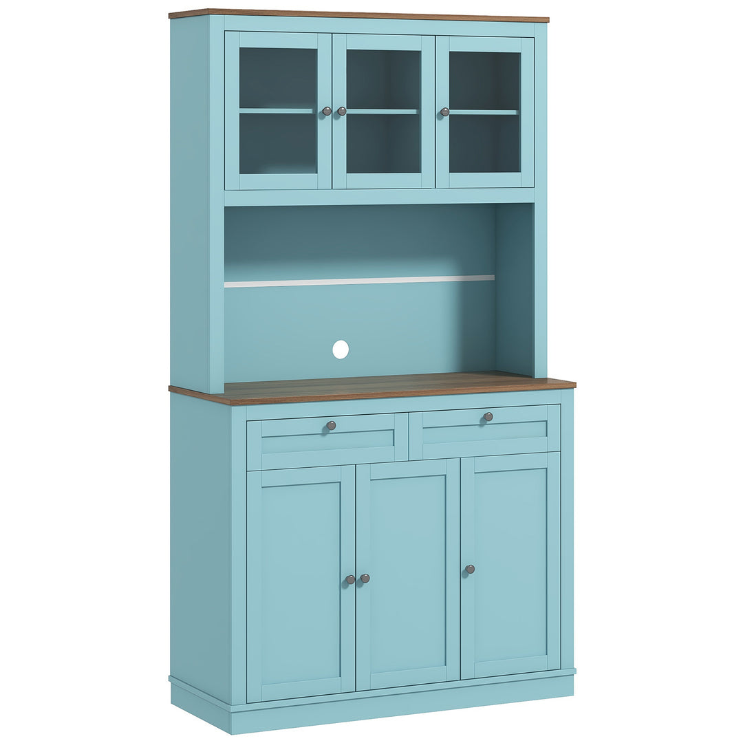 HOMCOM 71" Pantry Cabinet with Microwave Space, Buffet with Hutch, 2 Drawers, Adjustable Shelves and Glass Doors, Blue