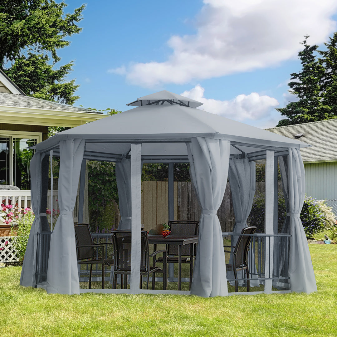Outsunny 13ft Hexagon Gazebo Outdoor Canopy Shelter with Netting and Shaded Curtains Beige