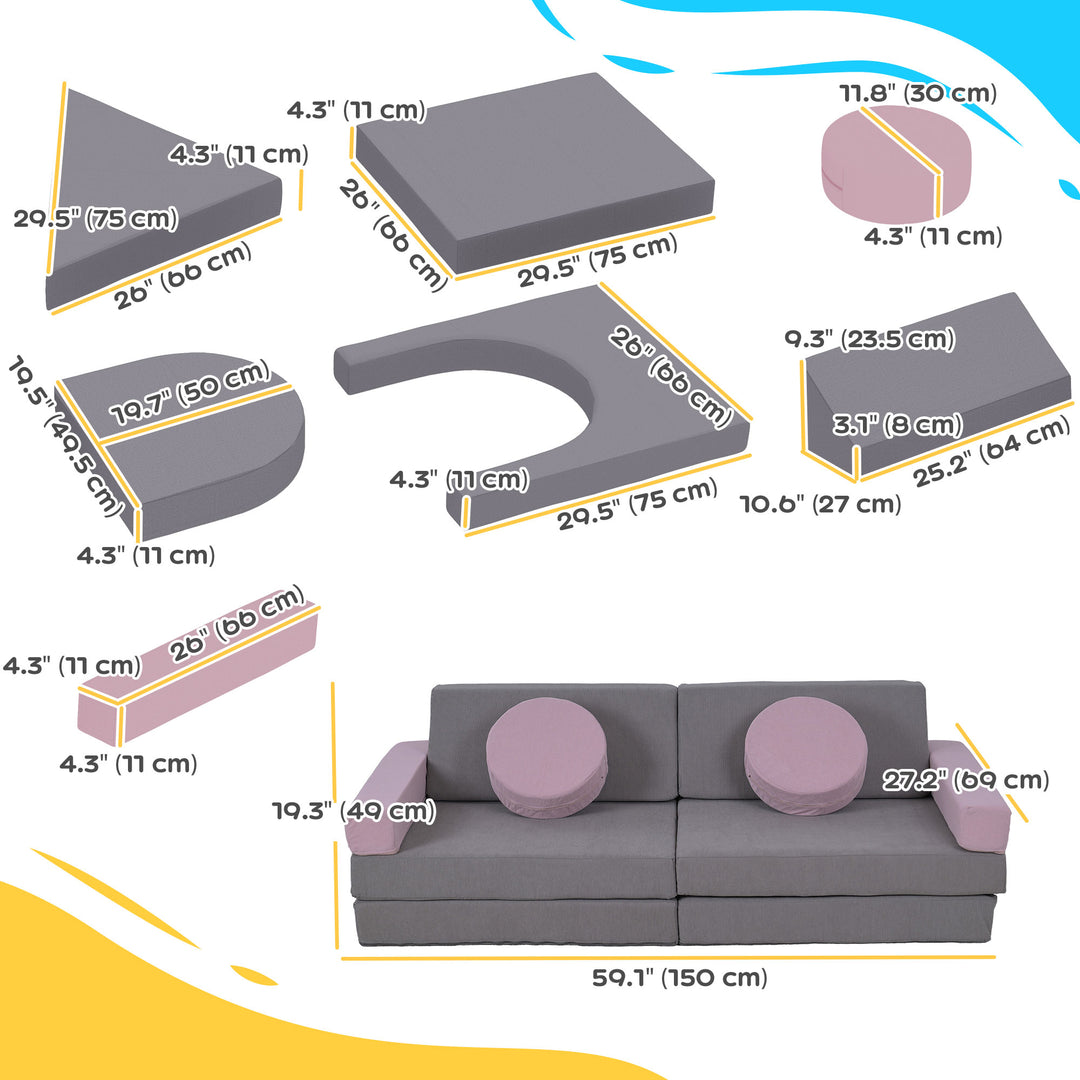 Qaba 12-Piece Modular Kids Play Couch Building Fort for Playroom Bedroom, Convertible Kids Sofa, Grey
