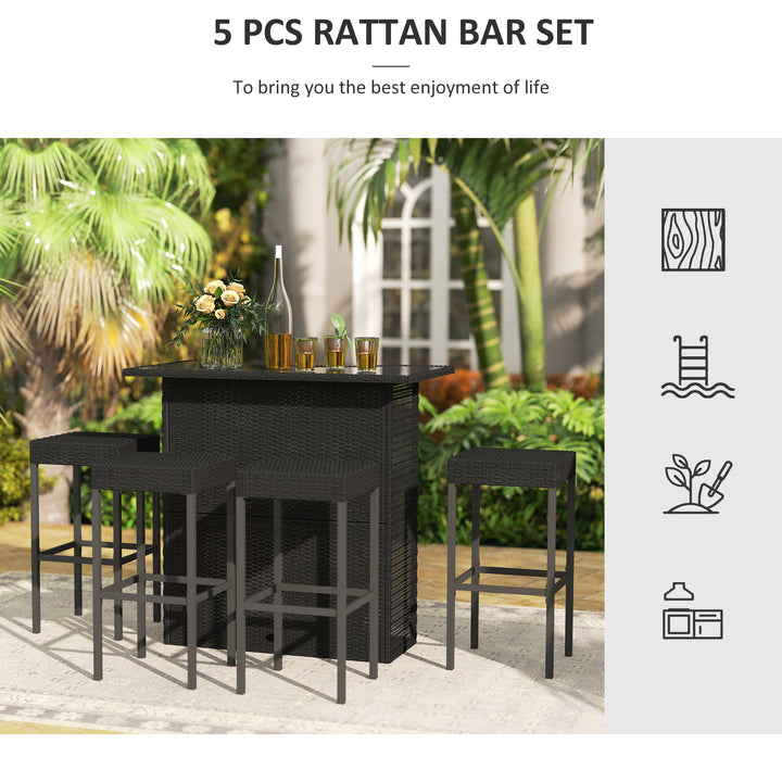 Outsunny 5 Pieces Patio Bar Set, Outdoor PE Rattan Wicker High Top Outdoor Table and Chairs Outdoor Bar Set with Tempered Glass Top Bar Table and Shelves, 4 Bar Chairs, Dark Brown