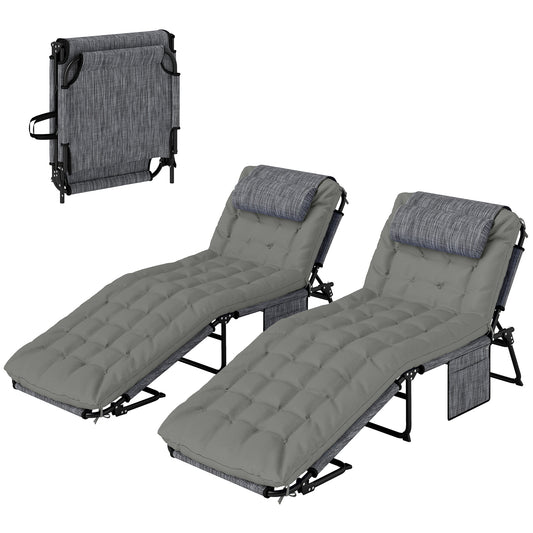 Outsunny 2-Piece Folding Lounge Chairs with Adjustable Backrest, Tanning Chair with Cushion, Side Pocket, Headrest, Grey