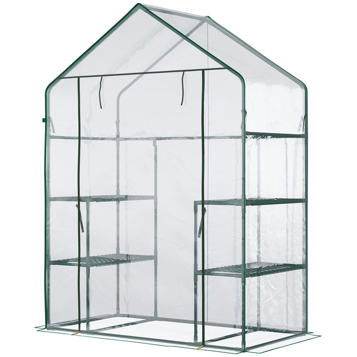 Outsunny 56" x 29" x 77" Walk-in Greenhouse, Mini Greenhouse with 4 Shelves, Roll-Up Door and Weatherized Cover, Clear