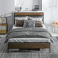 HOMCOM Full Size Bed Frame with Charging Station, Full Bed Frame with Upholstered Headboard and Storage Shelf, Walnut