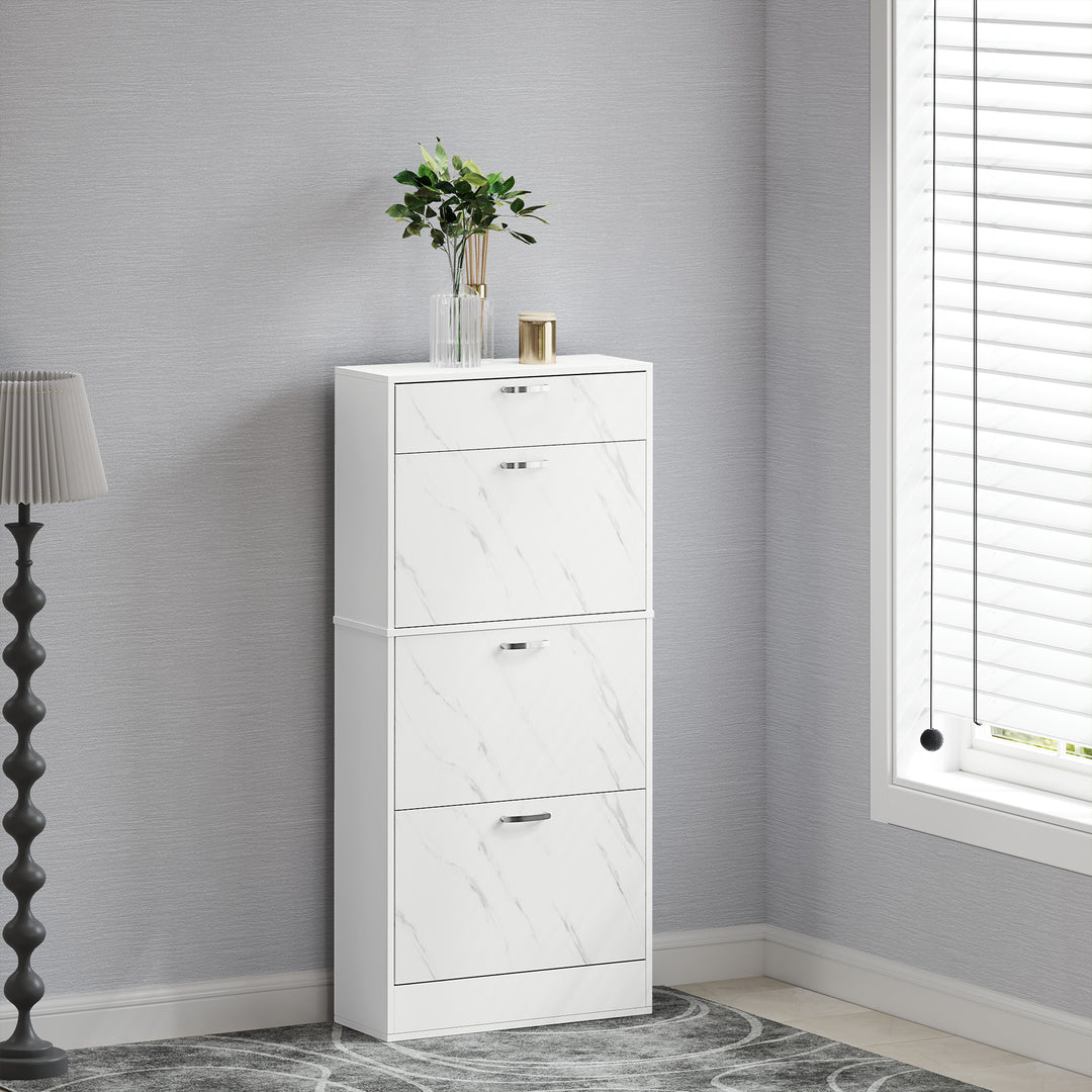 HOMCOM 3 Flip Drawer Shoe Cabinet, Marble-Effect Narrow Shoe Storage Cabinet with Top Drawer and Adjustable Shelves, White