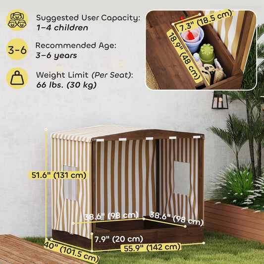 Qaba Kids Sandbox with Full Covered Canopy, Bench Seats, Bottom Liner, for Ages 3-6, 56" x 40" x 52", Brown