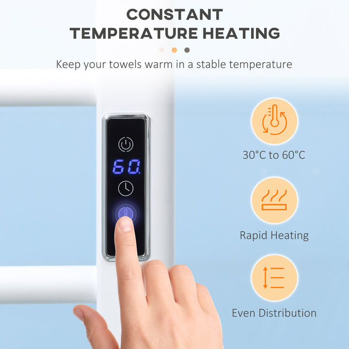 HOMCOM 8-Bar Heated Towel Warmer Rack with Built-in Timer and LED Indicators, Wall Mounted & Free Standing Carbon Steel Electric Towel Bar with Adjustable Temperature, White