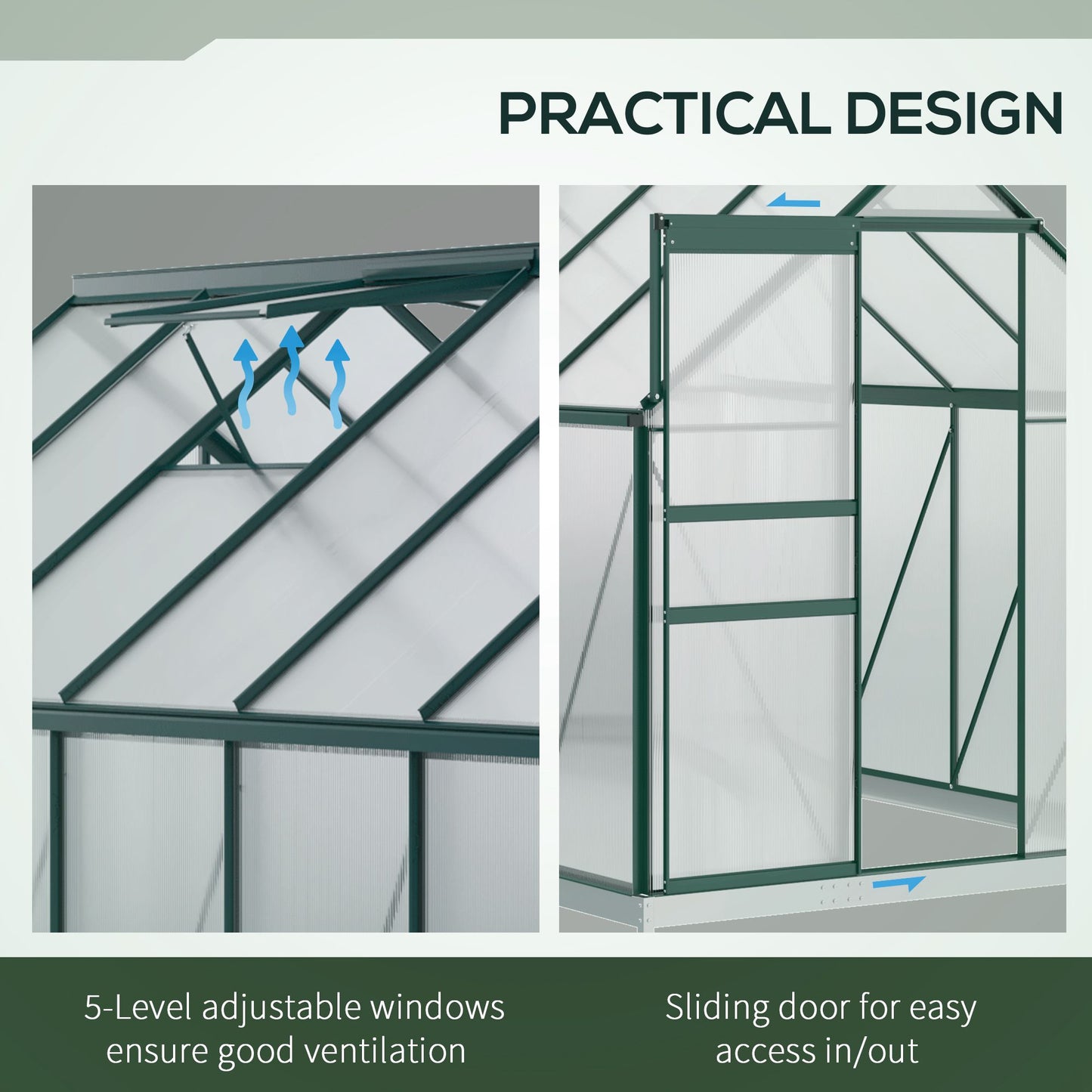 Outsunny 6' x 12' x 6.5' Walk-in Greenhouse, Polycarbonate Greenhouse with Adjustable Roof Vent, Base, Sliding Door, Clear