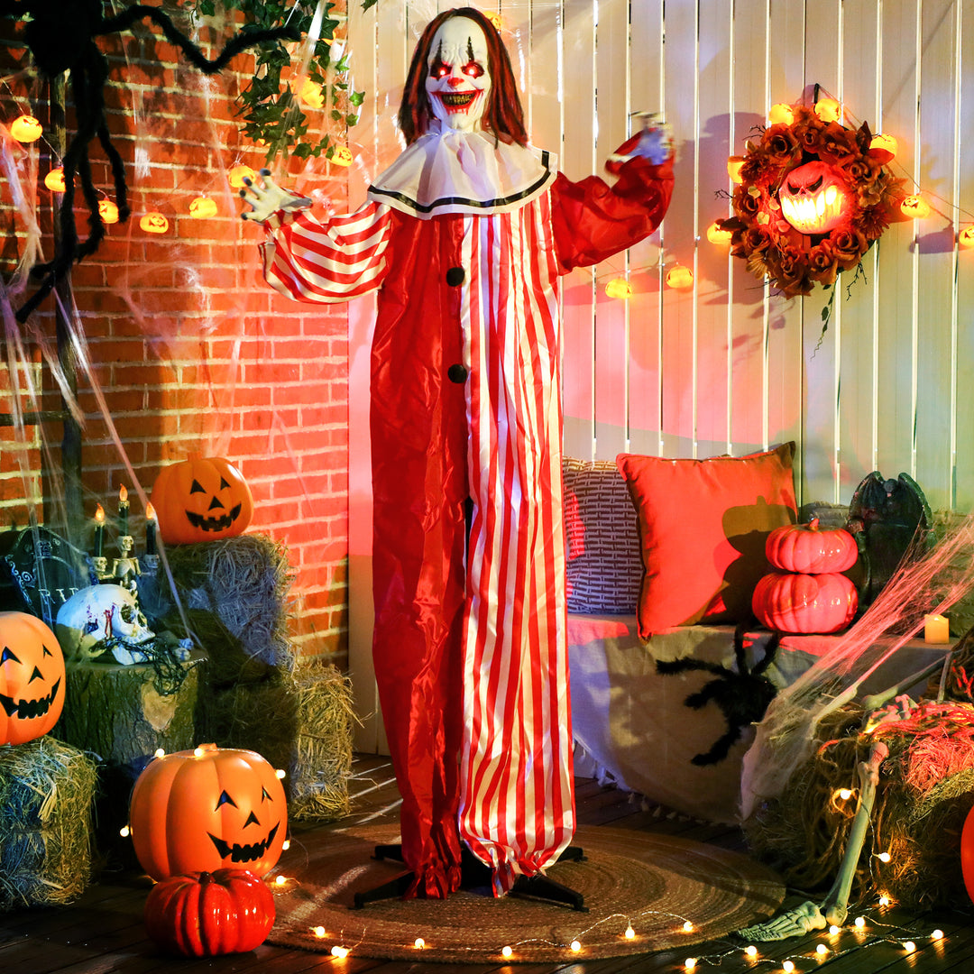 Outsunny Life Size Halloween Animated Clown with Red Light Up Eyes, Sound Activated Scary Halloween Decorations, Battery Operated