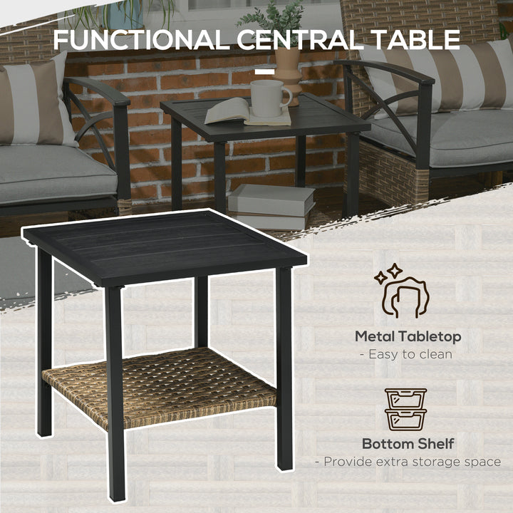 Outsunny 5 Piece PE Rattan Garden Furniture Set, 2 Armchairs,2 Stools, Steel Tabletop with Wicker Shelf, Padded Outdoor Seating, Khaki