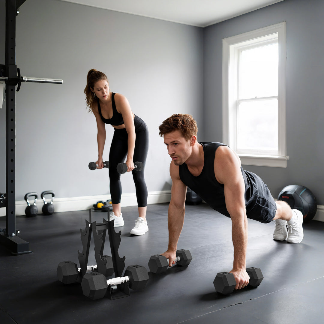 Soozier 60 LBS Hex Dumbbell Set with Rack, Rubber Coated Weights with Non-Slip Handles for Home Gym Strength Training