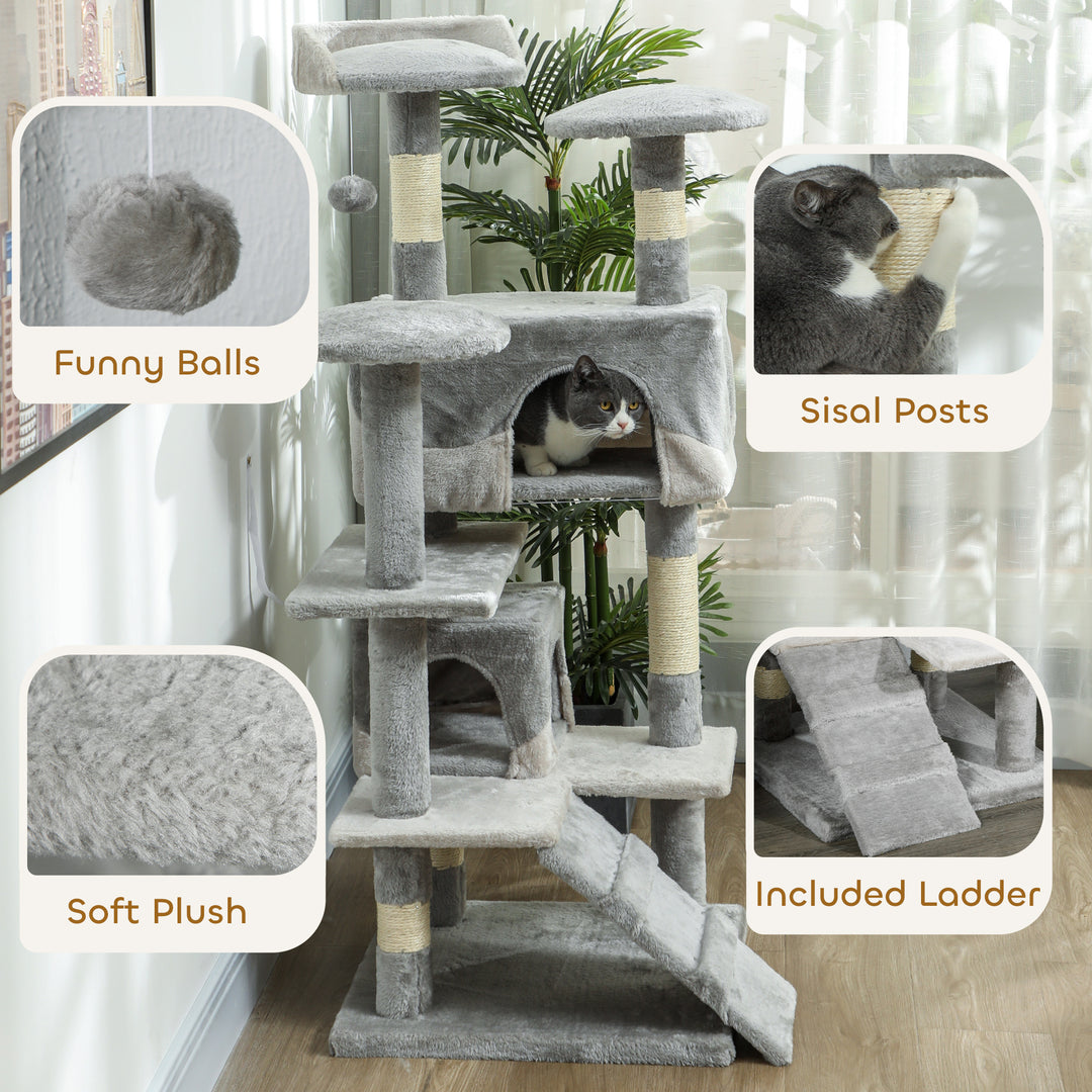 PawHut 53" Cat Tree Scratching Large Kitten Play House Multi-Level Activity Center Pet Furniture
