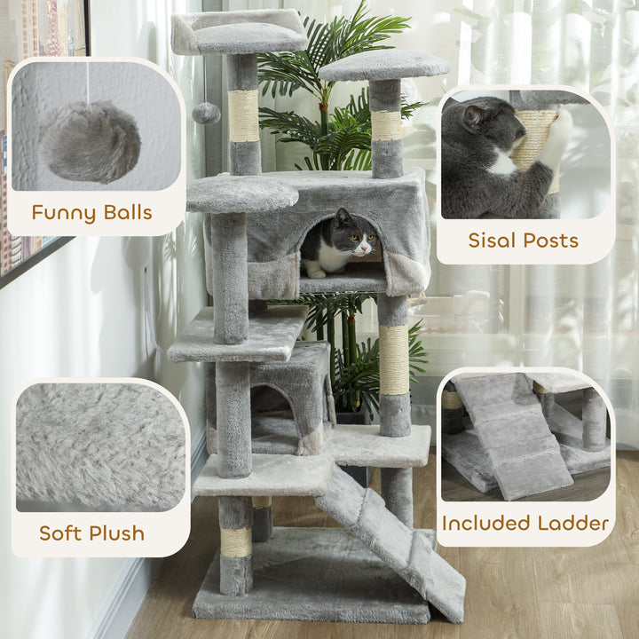 PawHut 53" Cat Tree Scratching Large Kitten Play House Multi-Level Activity Center Pet Furniture