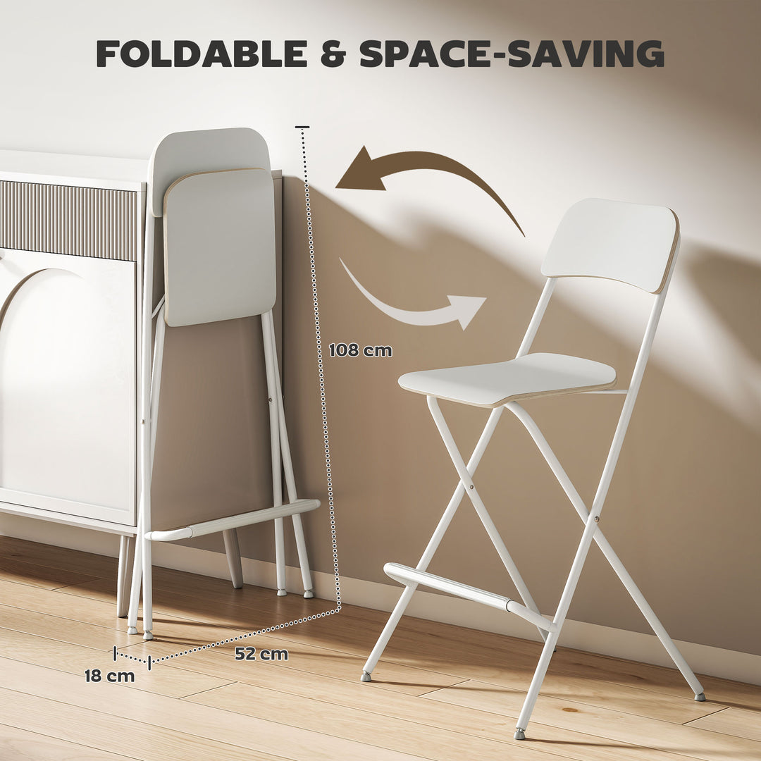HOMCOM Folding Bar Stools Set of 2, Counter Height Foldable Stool with Wooden Effect Seat and Steel Frame for Kitchen, White