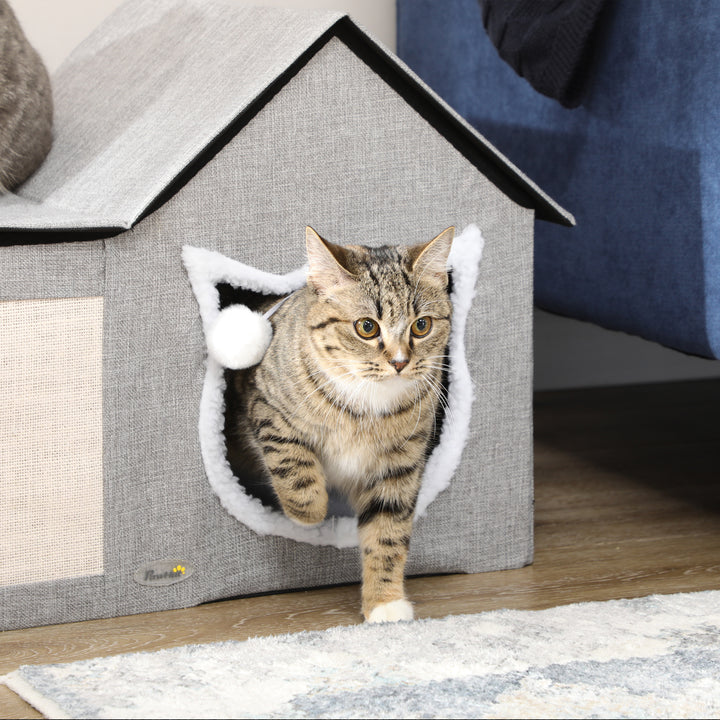 PawHut Large Cat Bed for Indoor, Cat House Hideaway with Soft Cushion, Scratching Pad, Dangling Ball, Dual Entrances, Grey