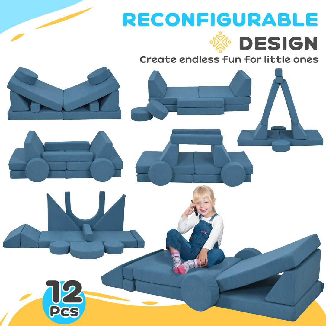 Qaba 12-Piece Modular Kids Play Couch Building Fort for Playroom Bedroom, Convertible Kids Sofa, Grey