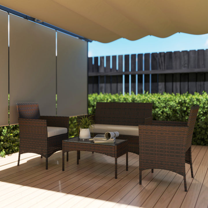 Outsunny 4 Pieces Wicker Outdoor Balcony Furniture Set Rattan Patio Furniture Set with Loveseat Chairs Glass Coffee Table Beige