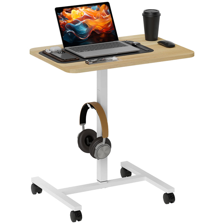 HOMCOM Height Adjustable Standing Desk, Pneumatic Sit Stand Desk with Wheels and Headphone Hook for Home Office, Natural