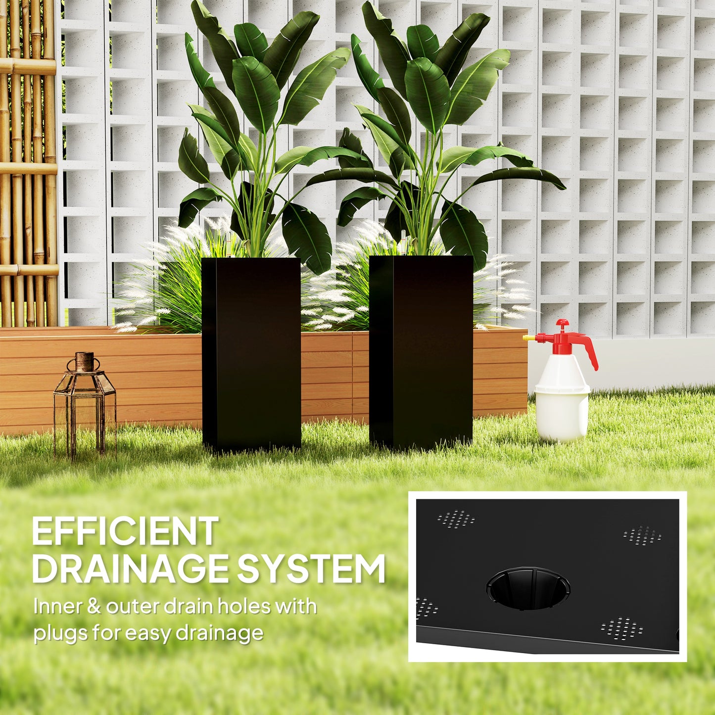Outsunny 2 Pack Planter Box, 26 Inch Plastic Flower Pots with Water Level Indicator, Drainage Hole and Drain Plug, Dark Grey