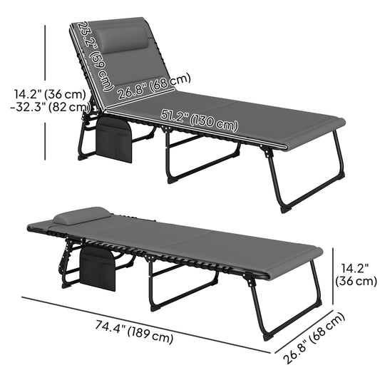 Outsunny Folding Chaise Lounge Chair Set of 2, Reclining Outdoor Lounge Chair Set with Quick Drying Pad Headrest Side Pocket, Tanning Chair Set for Beach Garden Pool, Light Grey