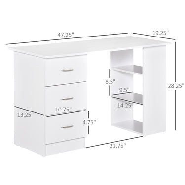 HOMCOM Computer Desk, 47" Writing Table with 3-Tier Shelves and 3 Reversible Drawers for Home Office, Bedroom, White