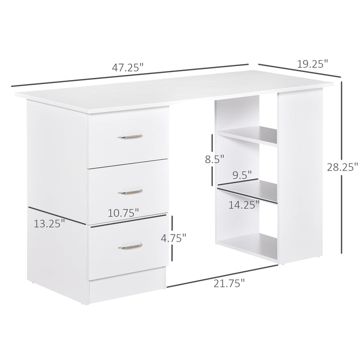 HOMCOM Computer Desk, 47" Writing Table with 3-Tier Shelves and 3 Reversible Drawers for Home Office, Bedroom, White
