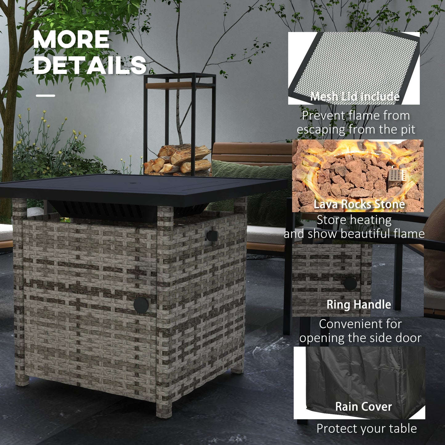 Outsunny Outdoor PE Rattan Propane Fire Pit Table, 50,000 BTU Pulse-Ignition Wicker Fire Table, Mixed Grey