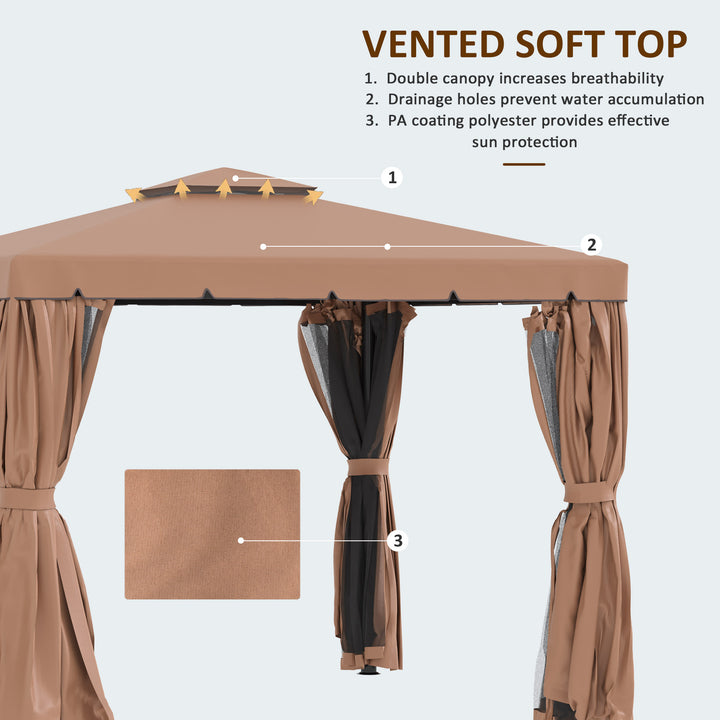 Outsunny 10' x 10' Outdoor Patio Gazebo Double Soft-top Garden Shelter Tent with Curtains, & Mesh Screen Drapes, Brown