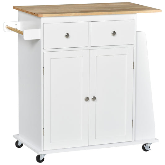 HOMCOM Rolling Kitchen Island Trolley Storage Cart with Rubber Wood Top, 3-Tier Spice Rack, Towel Rack Home Kitchen Carts, White