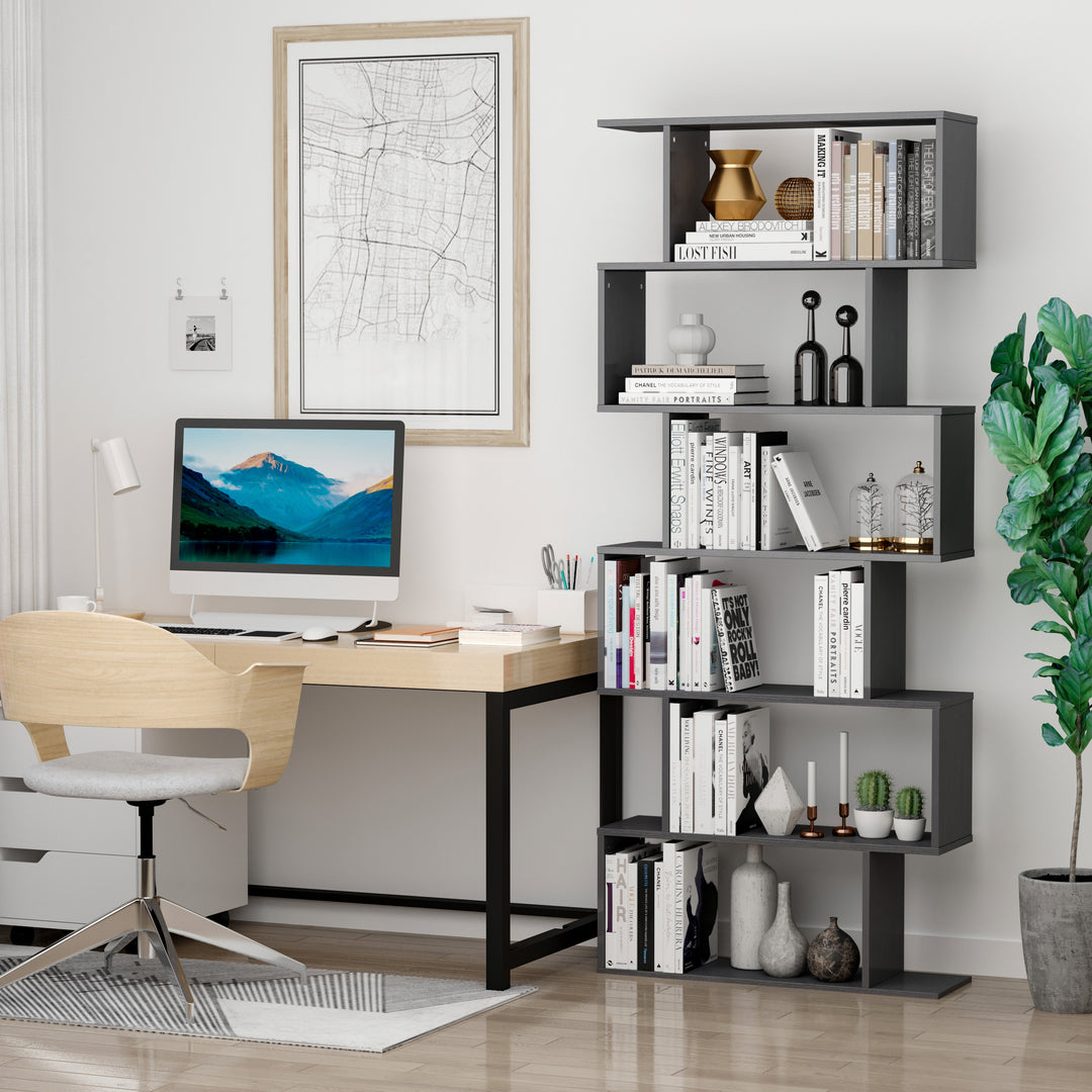 HOMCOM Wooden S Shape Bookcase 6 Shelves Storage Display Home Office Furniture