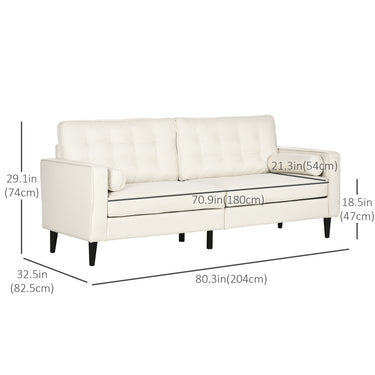 HOMCOM Mid-Century Sofa, Couch with Button-Tufted Back Cushion, Velvet Feel Fabric Upholstery, 2 Cylindrical Pillows and Rubber Wood Legs for Living Room, Cream White