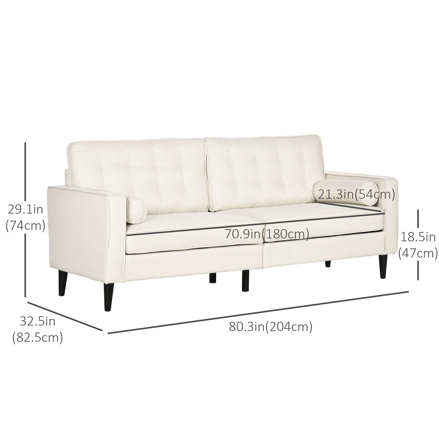 HOMCOM Mid-Century Sofa, Couch with Button-Tufted Back Cushion, Velvet Feel Fabric Upholstery, 2 Cylindrical Pillows and Rubber Wood Legs for Living Room, Dark Blue