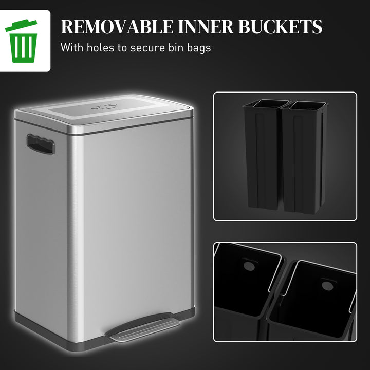 HOMCOM 2 x 20 Liter Garbage Bin, Stainless Steel Garbage Can with Soft-Close Lid and Removable Inner Buckets, Silver