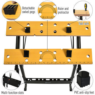 DURHAND Foldable Work Bench w/ 4 Adjustable Clamps, Carpenter Saw Table, MDF Surface, Steel Frame, Portable Work Bench 100kg/220lbs Capacity