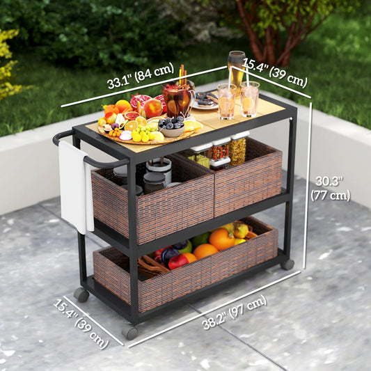 Outsunny Outdoor Bar Cart with Side Handle, 3-Tier Rolling Cart on Wheels with Removable Rattan Basket, Mixed-Brown