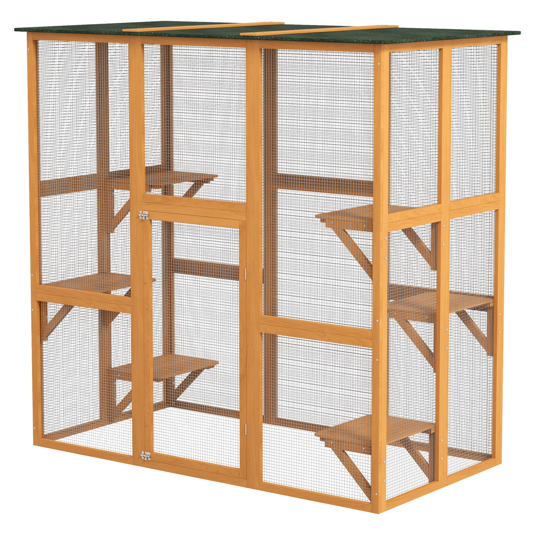 PawHut Large Outdoor Catio Enclosure, Weatherproof Cat House with Asphalt Roof,  Wooden Cat Patio Cage with 6 Balanced Platforms, 71" x 39" x 71", Grey