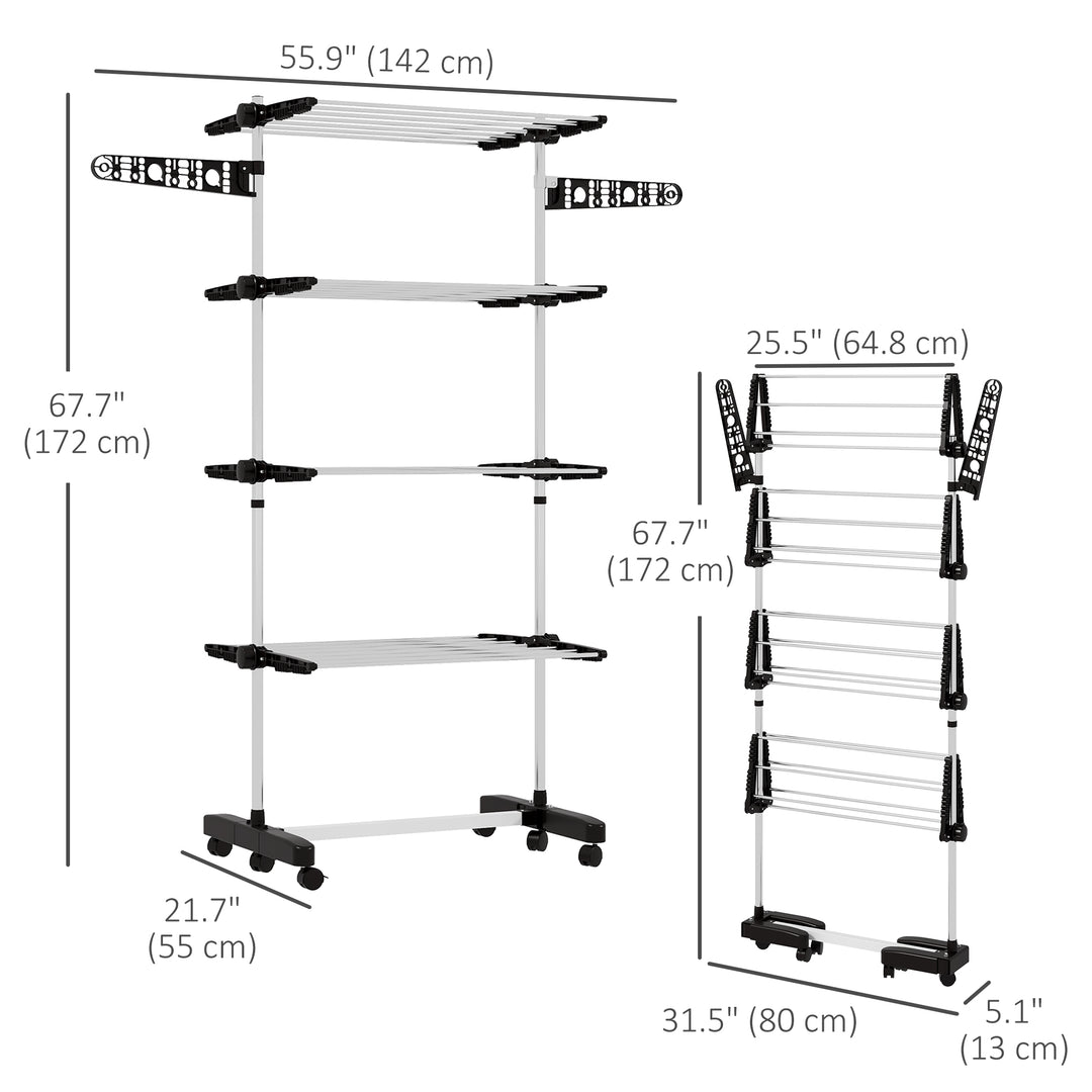 HOMCOM Garment Drying Rack Stainless Steel Folding Clothes Hanging Rack with Side Wings Castors for Indoor Outdoor Grey