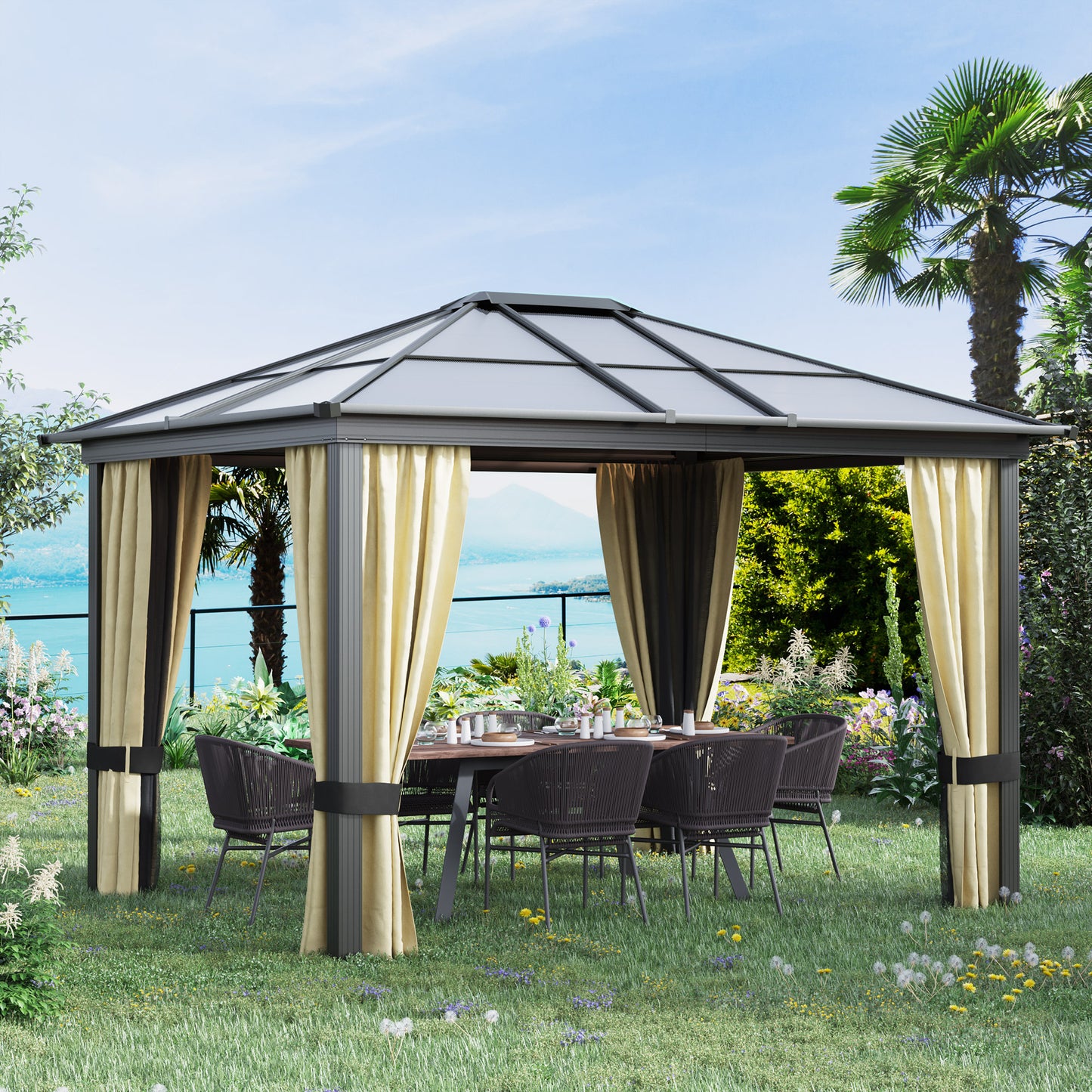 Outsunny 10 x 10 ft Hard Top Gazebo Canopy Heavy Duty Shelter Sun Shade w/ Curtain Beige, Coffee