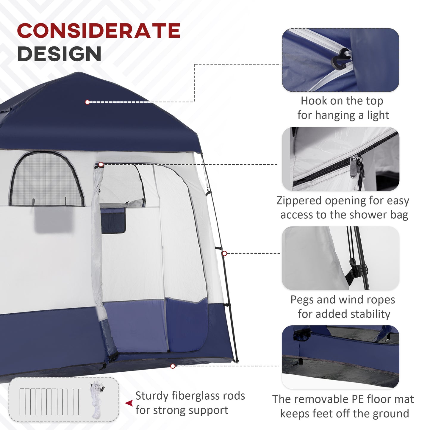 Outsunny Outdoor Portable Pop Up Shower Tent Changing Tent Privacy Enclosure with 2 Rooms, Shower Bag, Floor for Camping, Blue