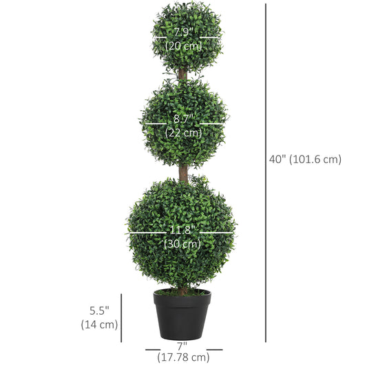 HOMCOM 2 Pack 40" Artificial Trees, Boxwood Topiary Ball Trees with Pot for Indoor, Outdoor, Home Office, Living Room, Green