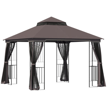 Outsunny 10'x10' Soft-top Patio Gazebo with Double Tier Roof, Mesh Curtains, Display Shelves, Top Hooks, Coffee